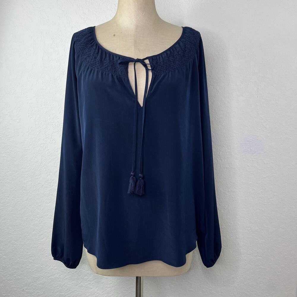 Rory Beca Navy Blue Blouse Size S, smocked detail, long sleeve, preppy, casual